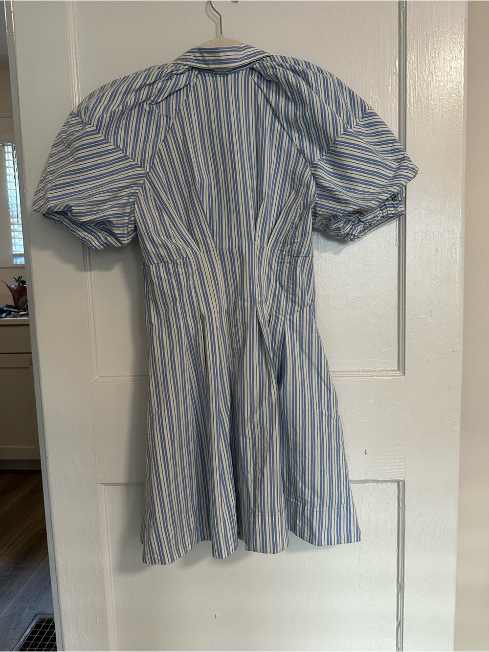 By Anthropologie Puff-Sleeve Mini Shirt Dress Blue and White Stripe Size XS - Picture 9 of 9